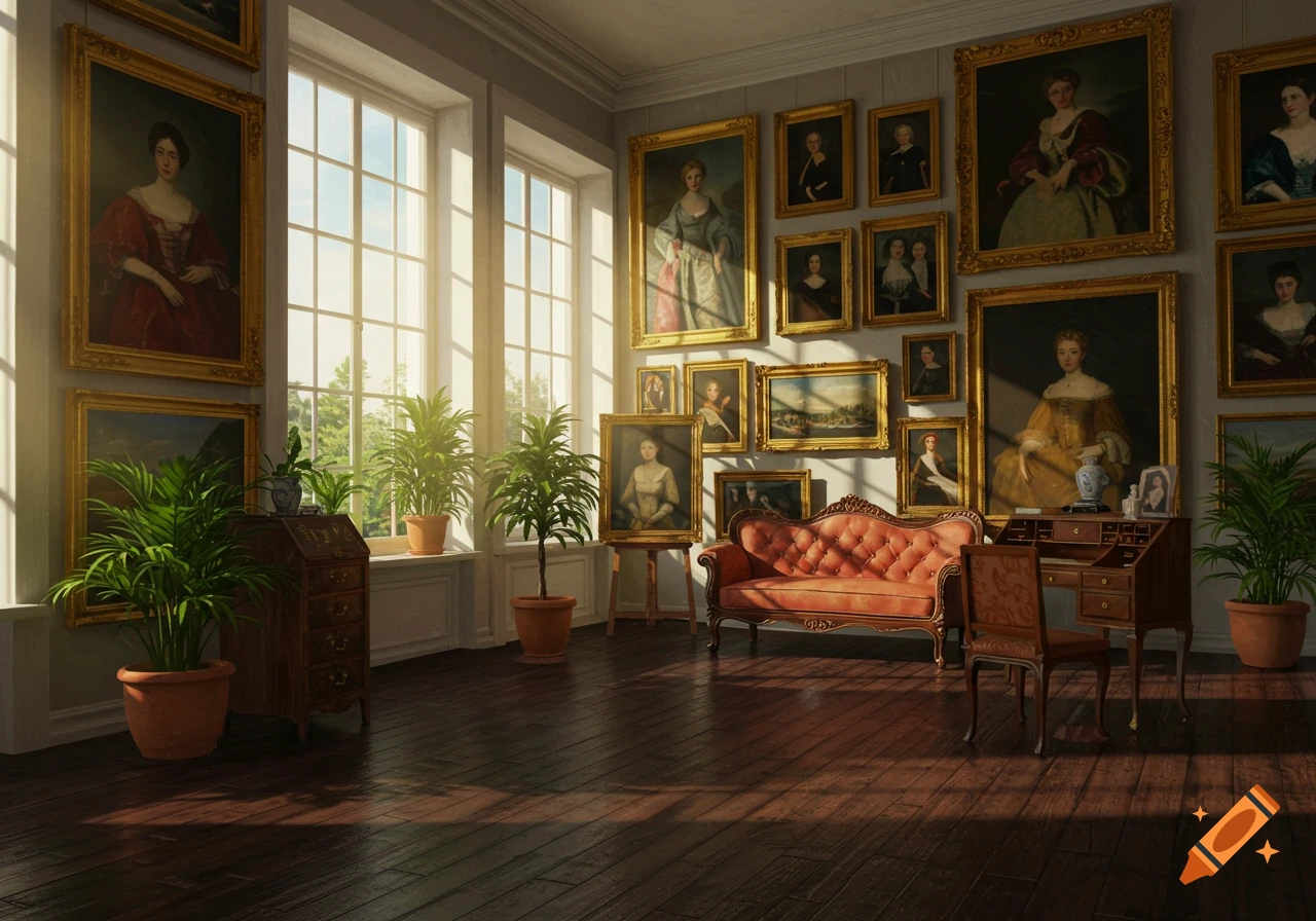 A room with many framed paintings on the walls, large windows letting in sunlight, plants, and antique furniture including a couch and desk.