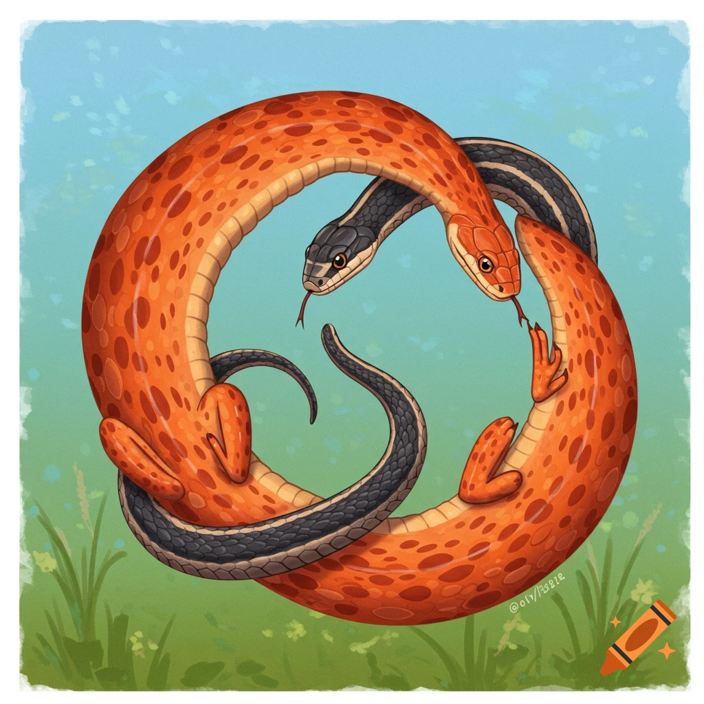 An illustration of an orange eft and a black and grey garter snake intertwined to form an Ouroboros, against a green and blue background.