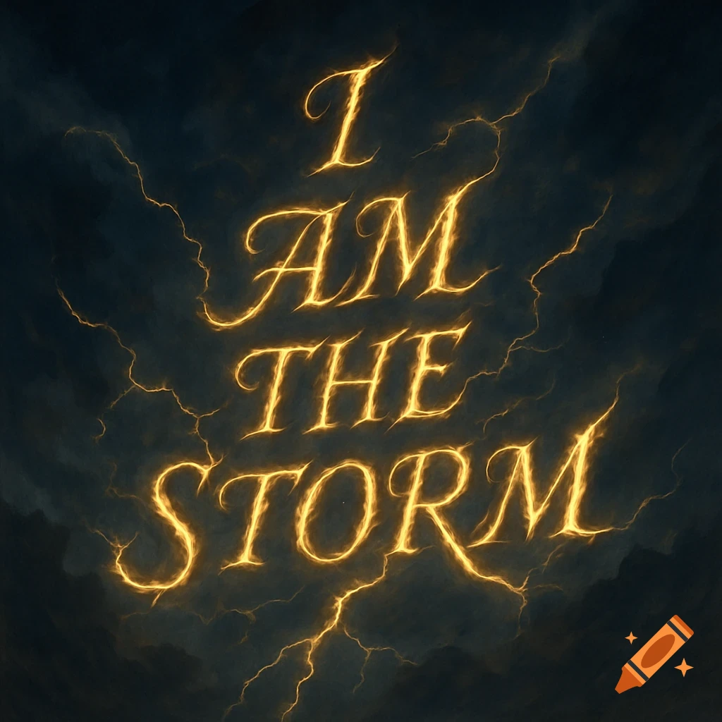 Glowing text 'I AM THE STORM' in a stormy sky with lightning.