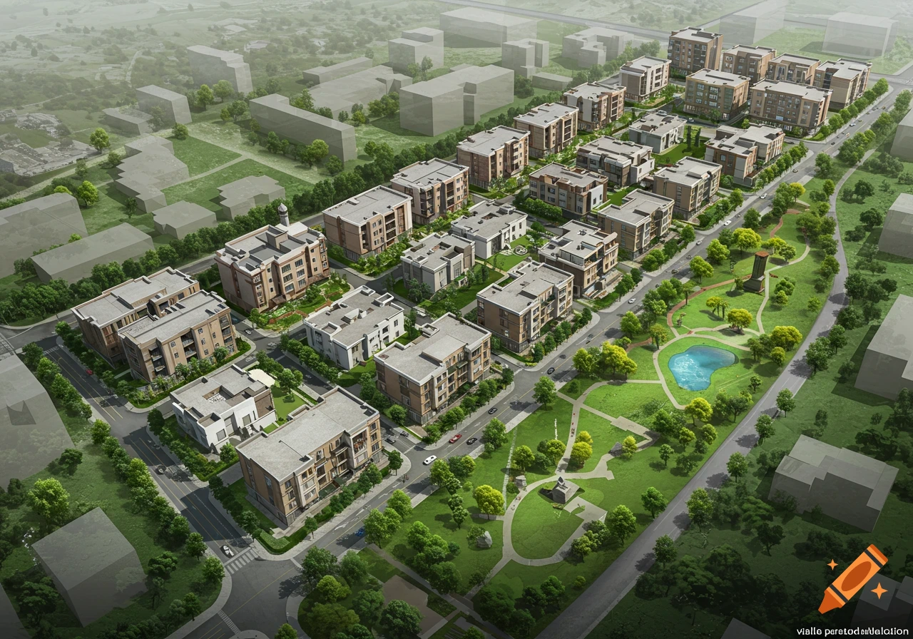 Aerial view of a rendered residential neighborhood with multi-story buildings, villa houses, parks, pond, and roads.