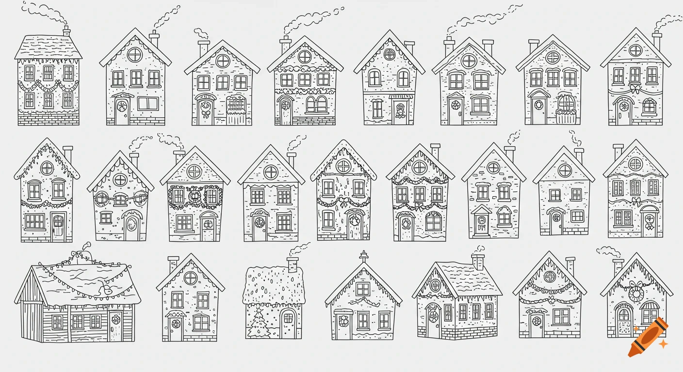 A black and white line drawing pattern of multiple decorated houses, likely for Christmas.