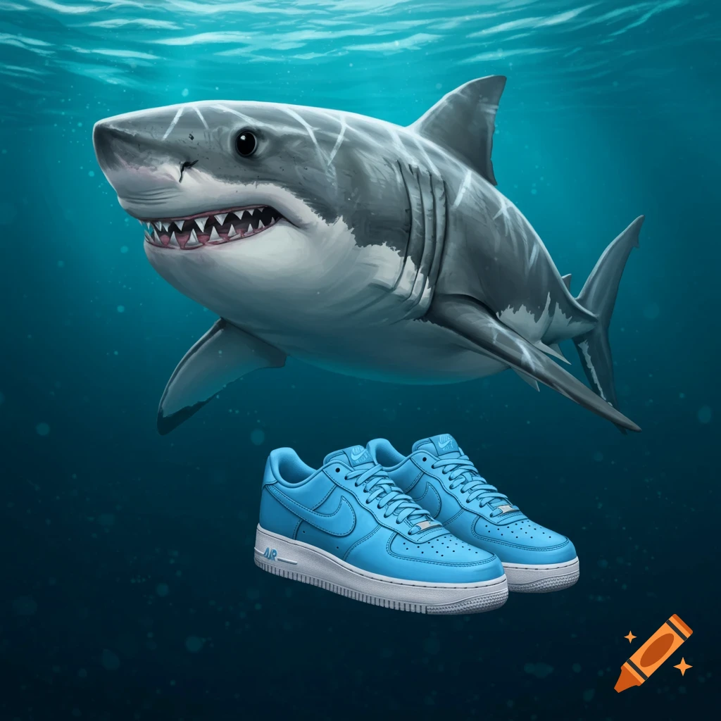 An illustration of a shark swimming underwater next to a pair of blue sneakers.