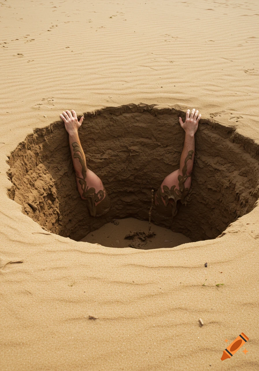 Two arms covered in sand reach out of a hole in the ground, struggling.