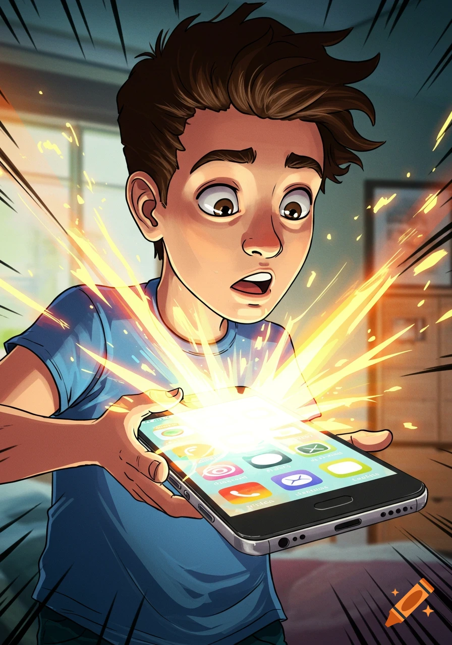 Shocked teenager holding a glowing smartphone in an illustrated style.