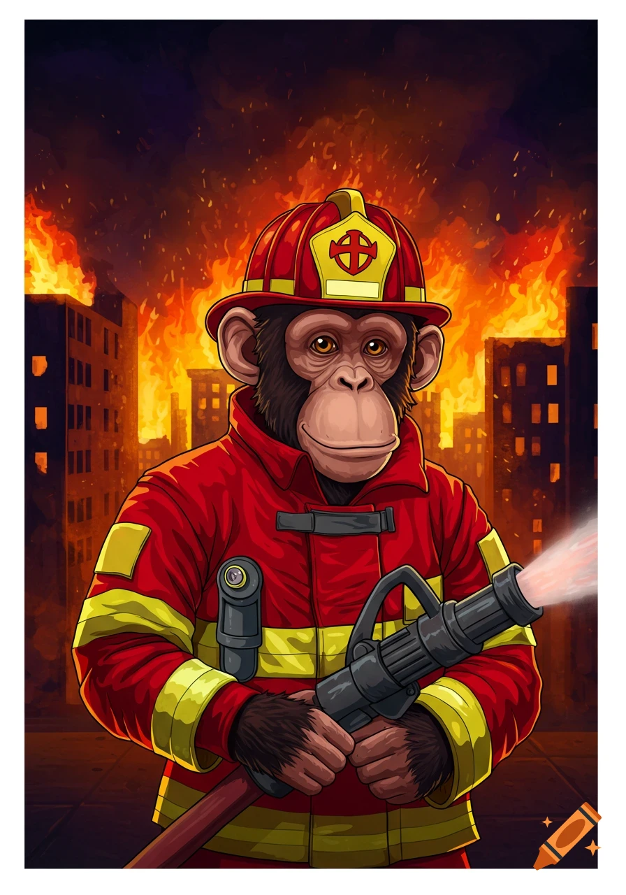 A cartoon monkey dressed as a firefighter stands in front of burning buildings, holding a hose nozzle.