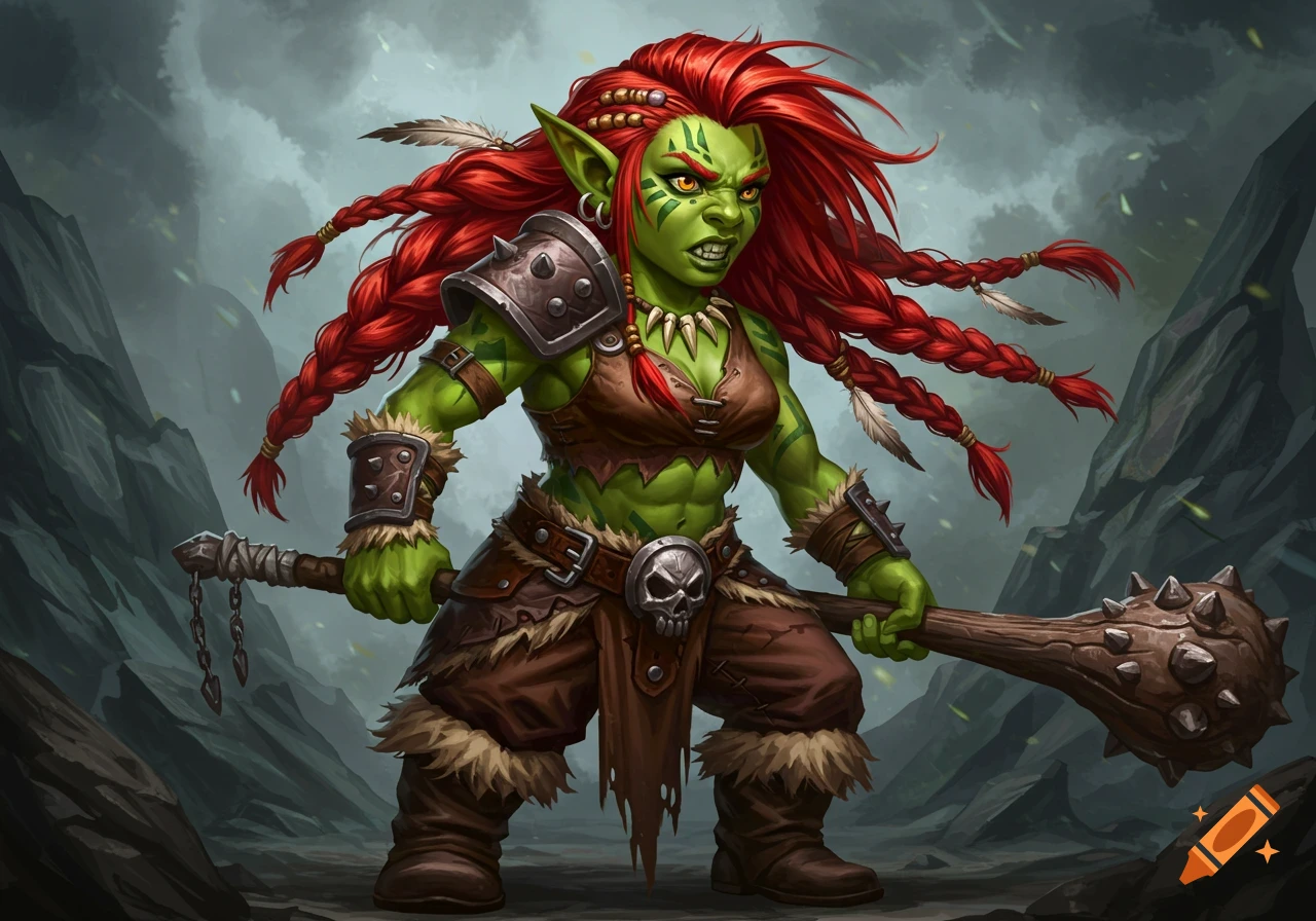 A fantasy illustration of a female orc barbarian holding a spiked club.