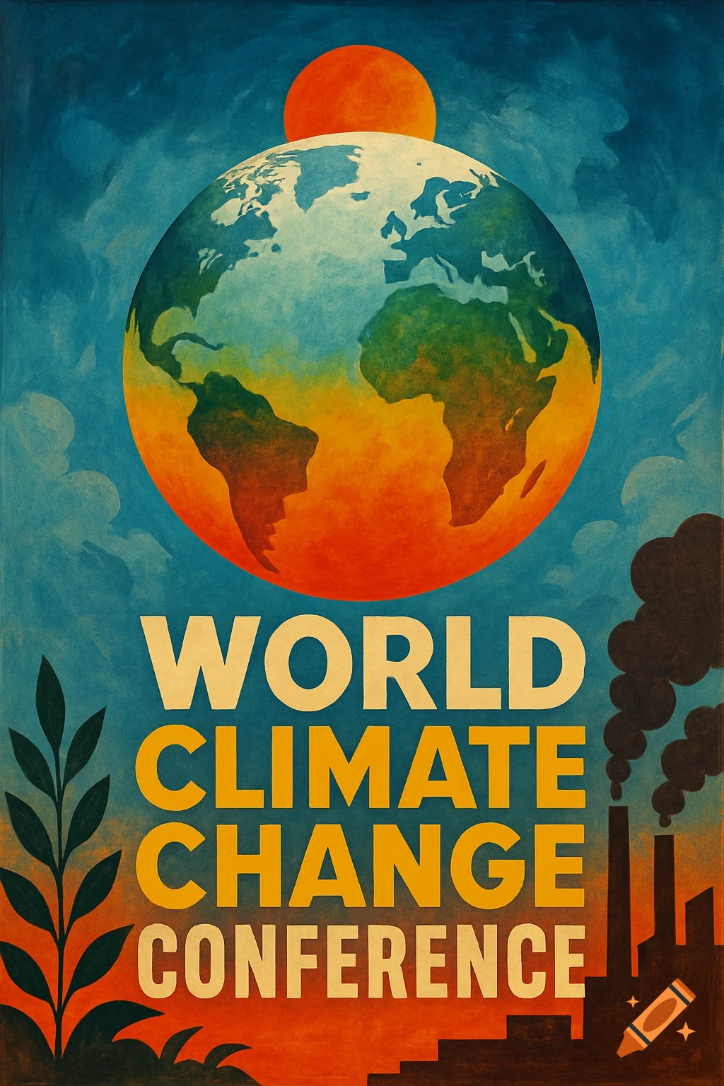 Vintage style poster for World Climate Change Conference with Earth, sun, industrial stacks, and plant.