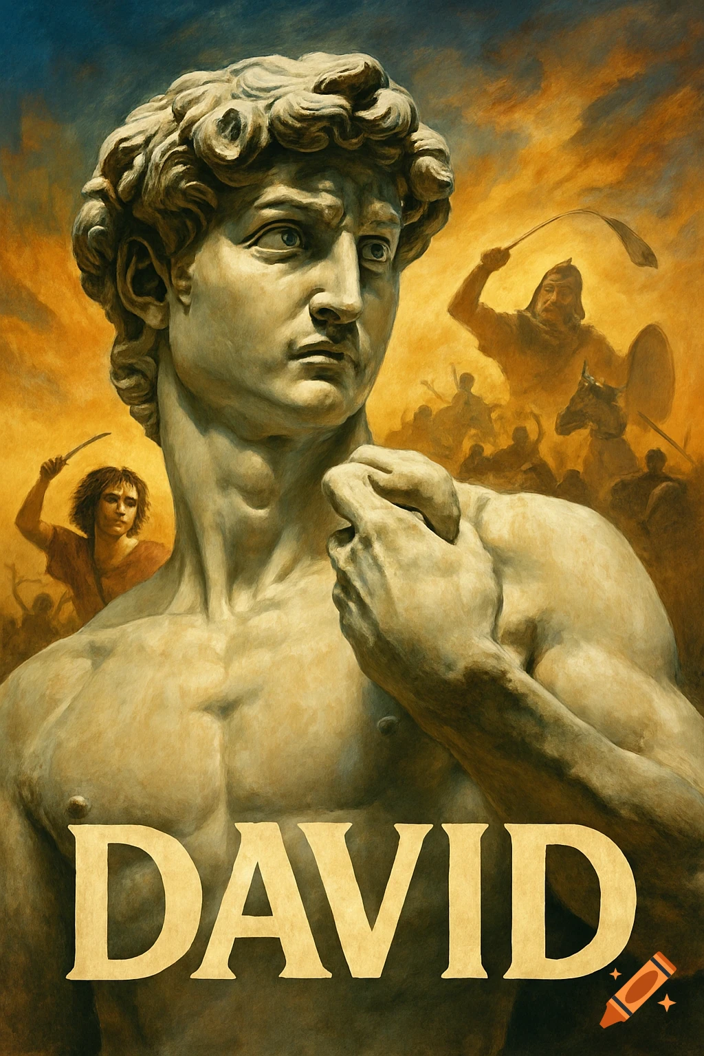 Painting of Michelangelo's David statue with a background battle scene and 'DAVID' text at the bottom.
