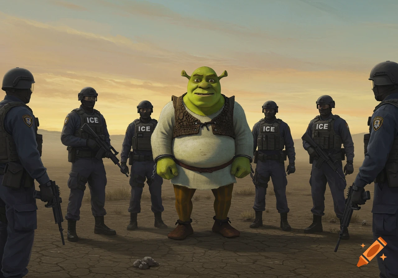Shrek is detained by ICE agents in a desert.