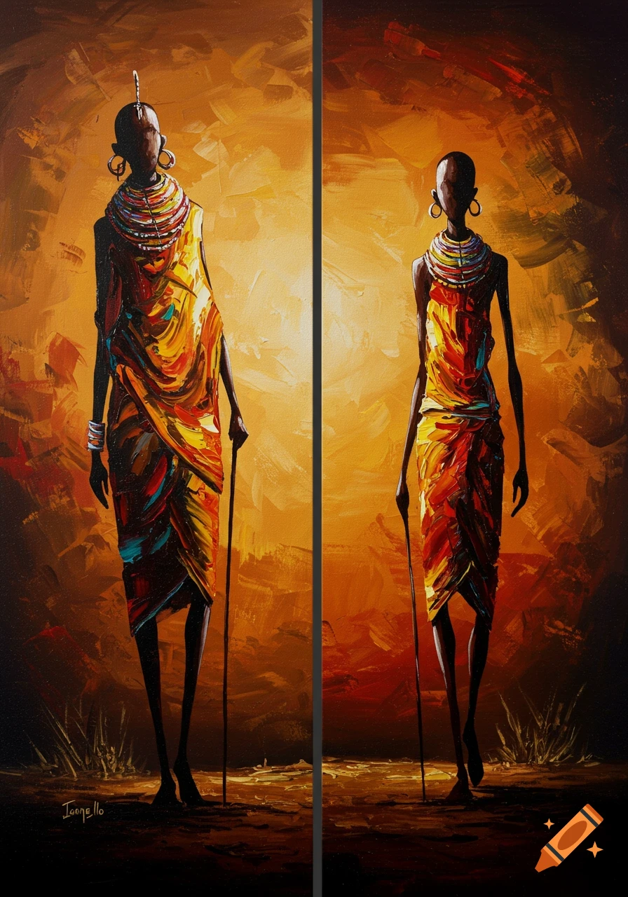 Abstract painting of two figures in traditional African clothing with staffs, warm tones.