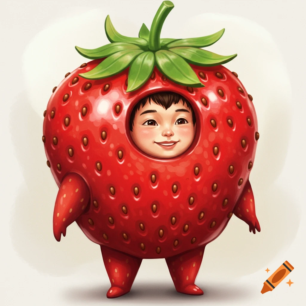 Illustration of a child wearing a strawberry costume.
