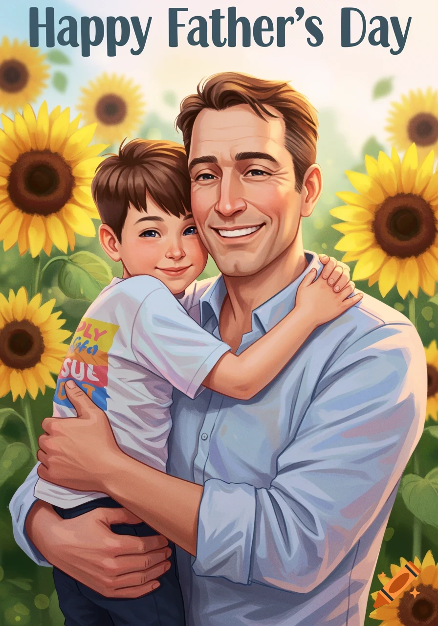 Illustration of a father hugging his son in a field of sunflowers, with 'Happy Father's Day' text at the top.