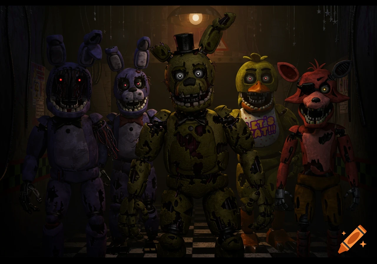 Withered Freddy, Bonnie, Chica, and Foxy standing with Springtrap in a dark room