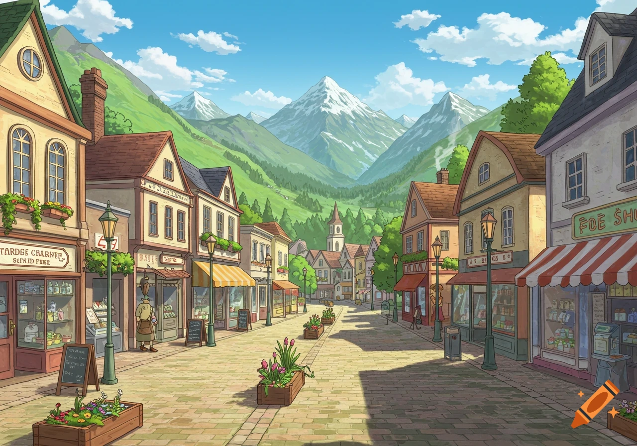 Sunny street scene in a cartoon European mountain town with shops and people.