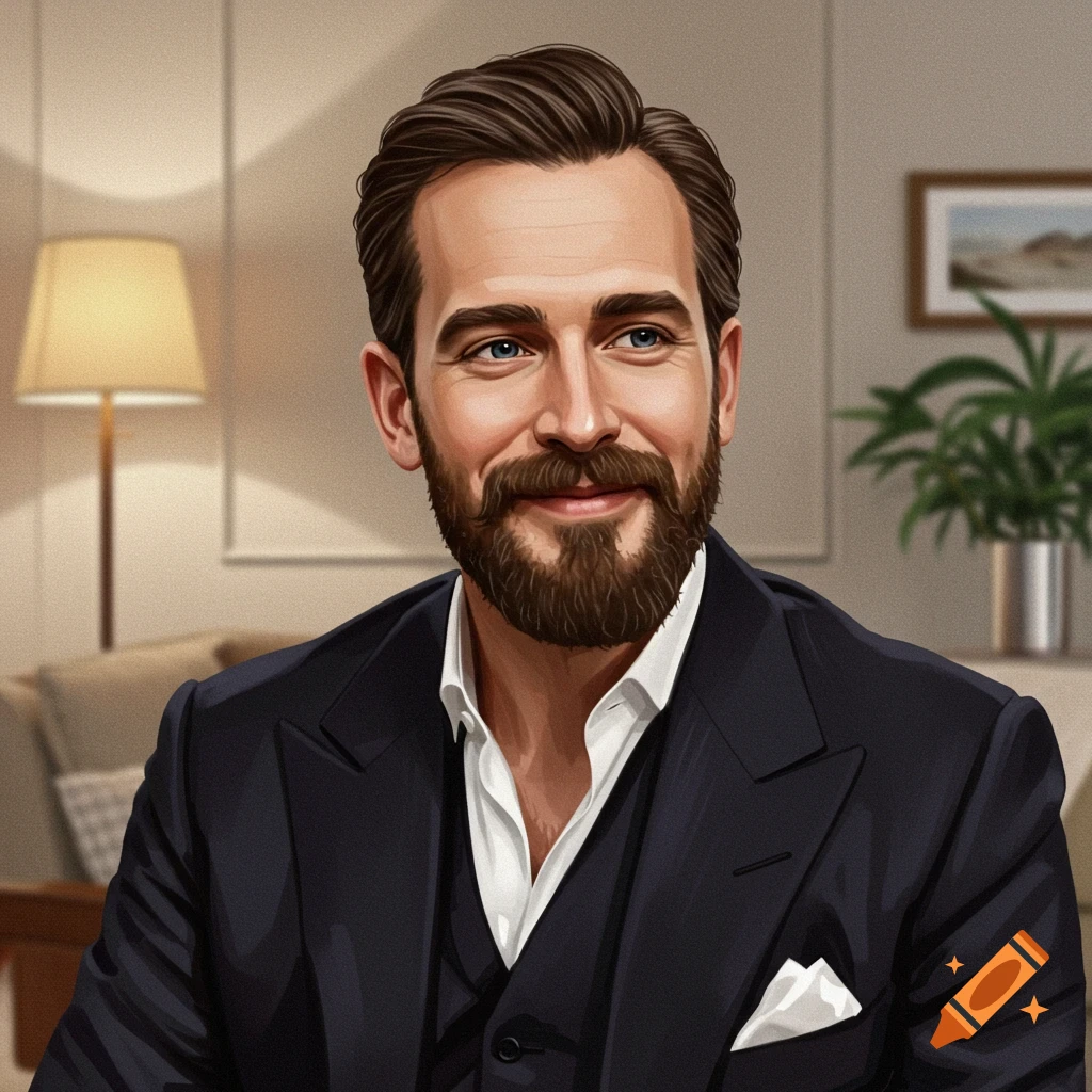 Portrait of a bearded man in a dark suit, smiling, in a room.