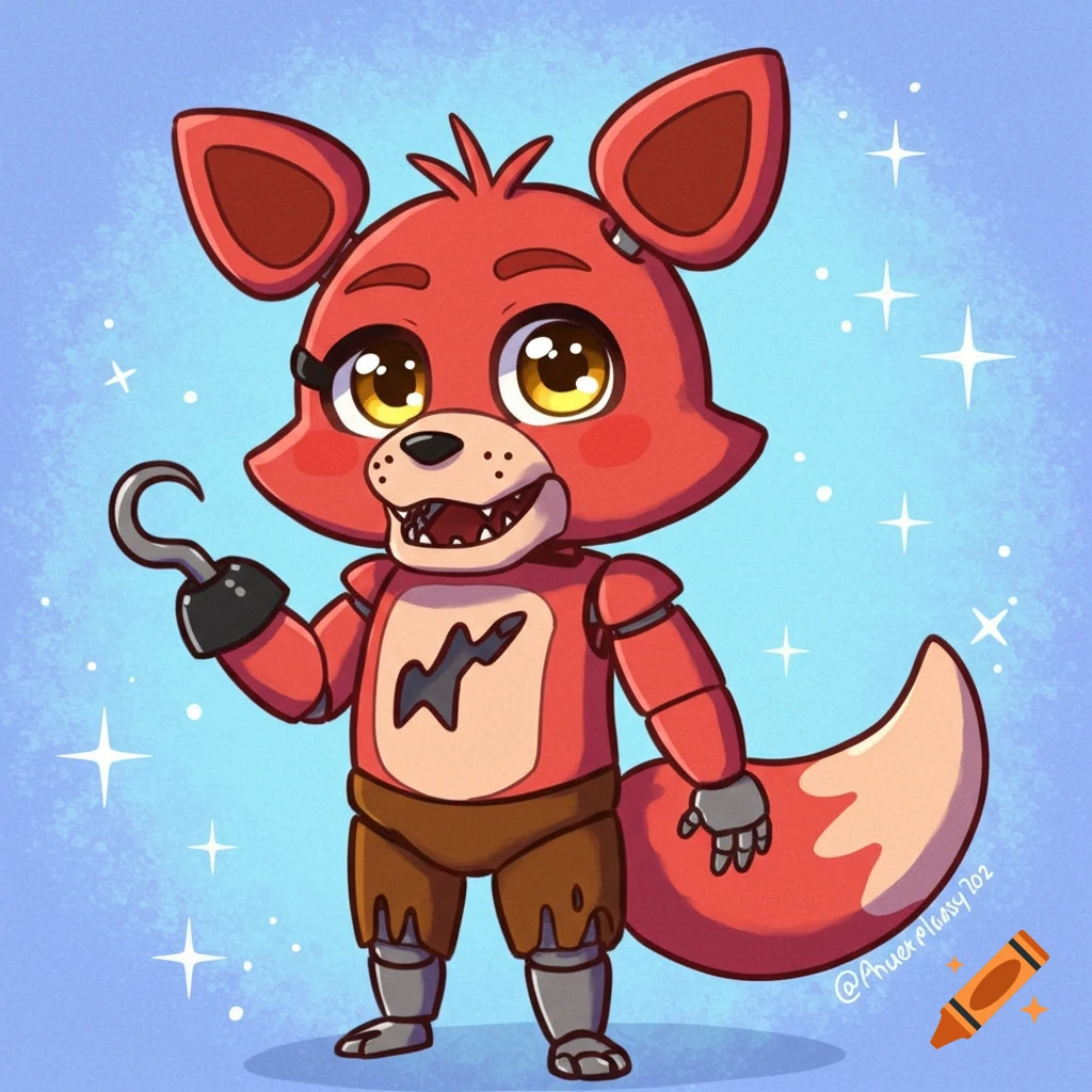 Cartoon chibi Foxy the Pirate Fox from Five Nights at Freddy's with a hook hand, standing on a blue background.