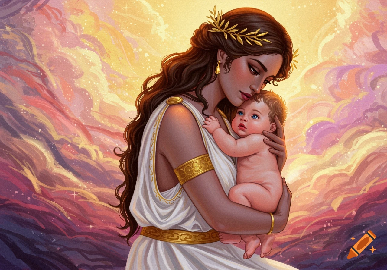 A woman in classical clothing holds a baby against a dramatic, colorful sky.