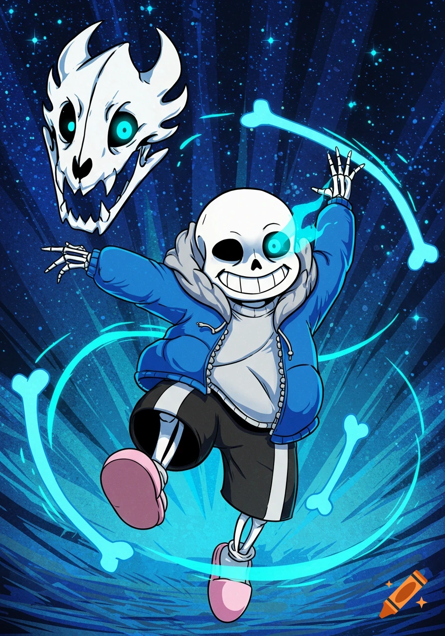 Sans from Undertale with a Gaster Blaster and bones, surrounded by blue magic.
