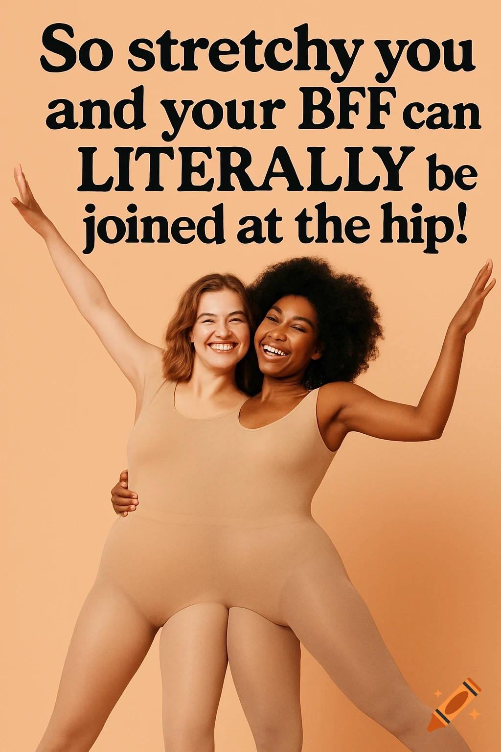 Two smiling women in nude tights merged together at the hip, stretching, with text 'So stretchy you and your bff can LITEPALLY be joined at the hip!'