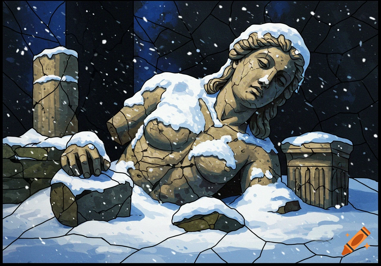 Stained glass art of a broken stone statue covered in snow.