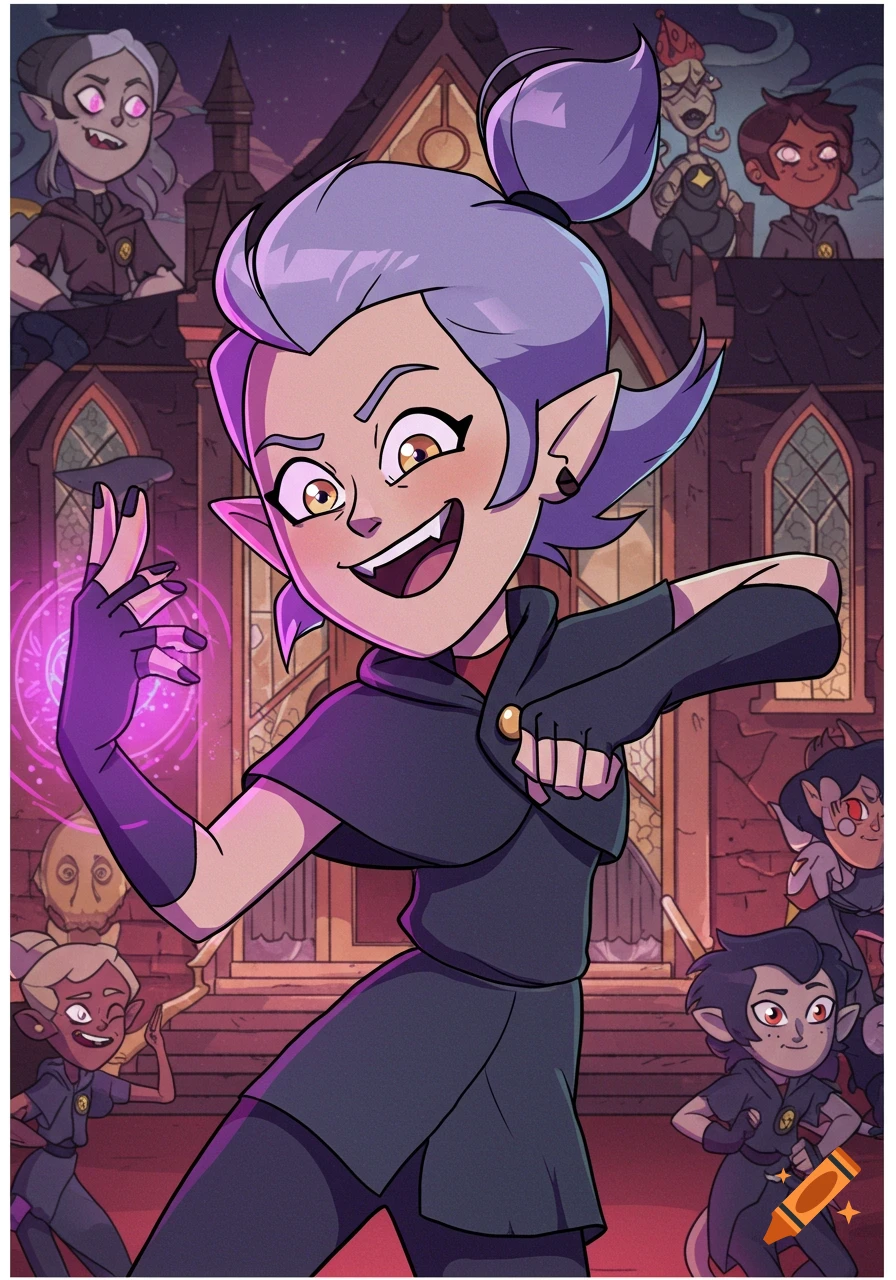 Amity Blight casts a purple magic spell with supporting characters and the Hexside school in the background. Cartoon style.