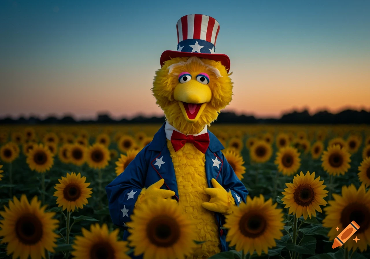 Big Bird in an Uncle Sam costume stands in a field of sunflowers at sunset.