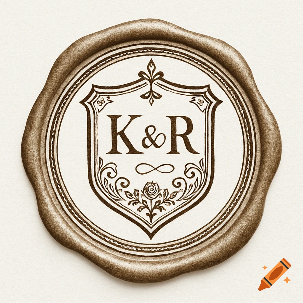 A brown wax seal with initials K & R in a shield bordered by decorative filigree and a rose.