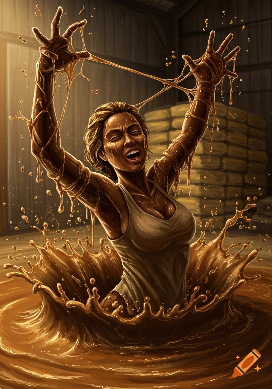 A woman covered in sticky molasses splashes in a vat in a barn, arms raised, webs of molasses between her fingers.