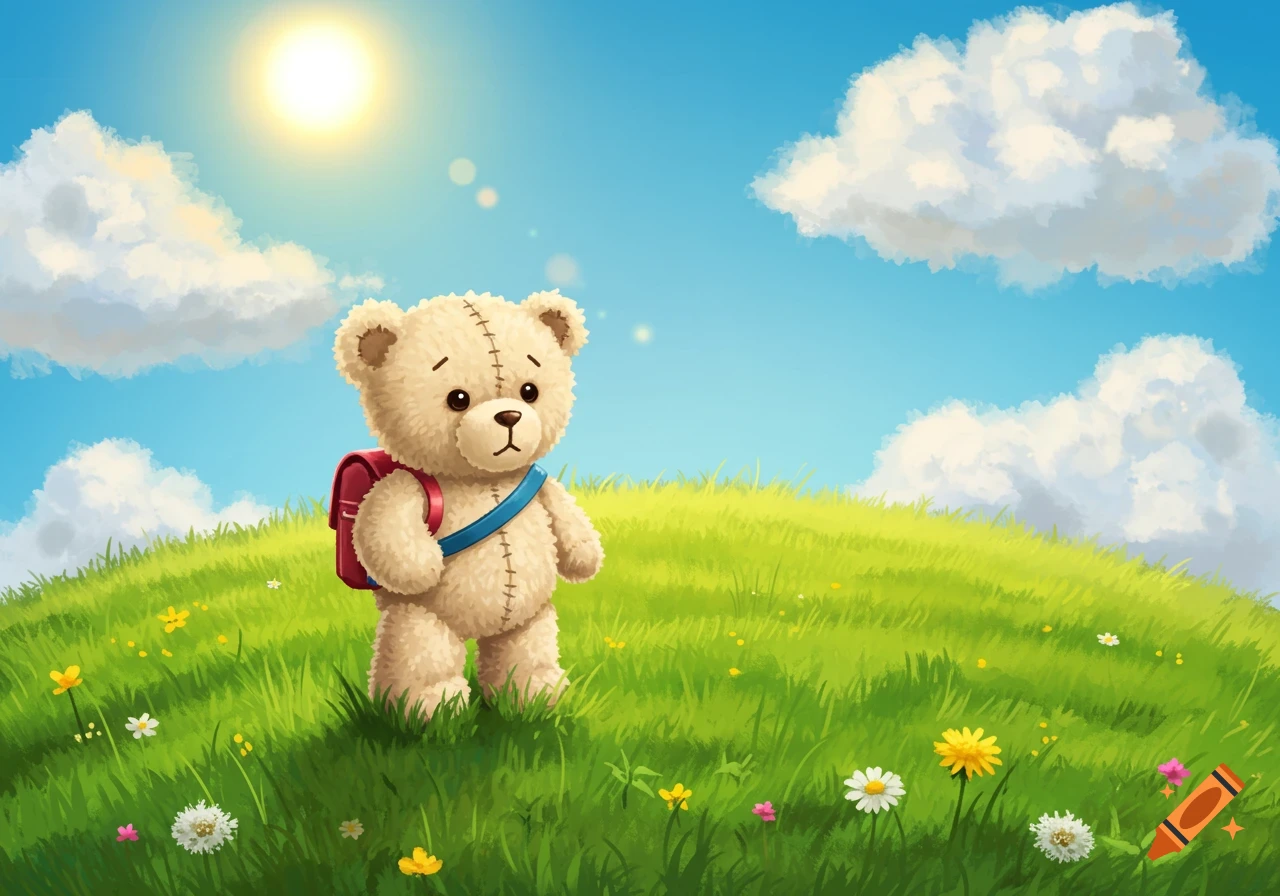 Illustration of a teddy bear with a school bag on a sunny grassy hill