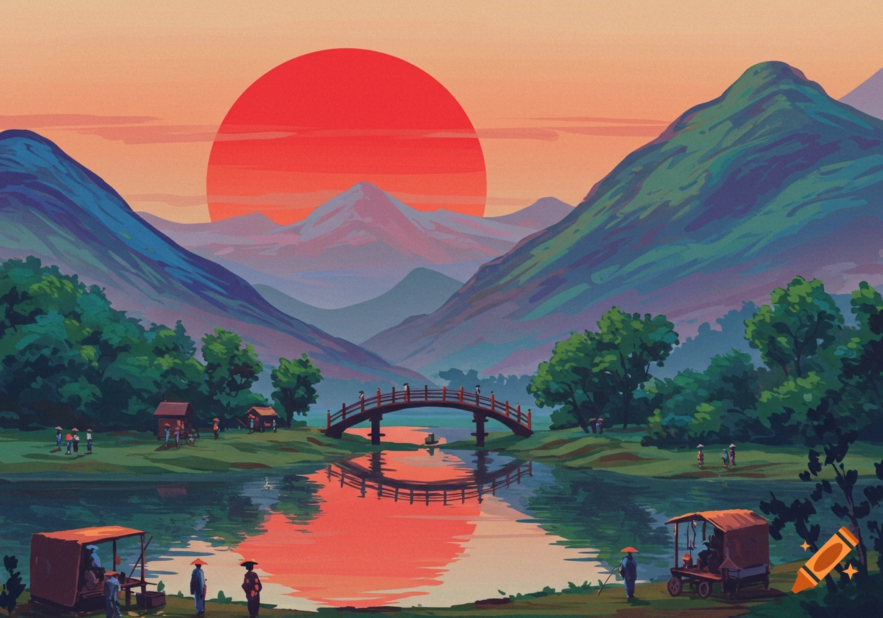 Stylized painting of a Japanese valley with mountains, a large red sun, lake with bridge and people.