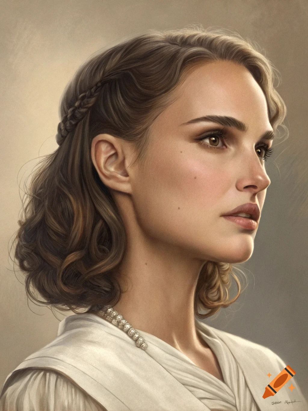 A realistic portrait of a woman resembling Natalie Portman with braided hair wearing a white dress.