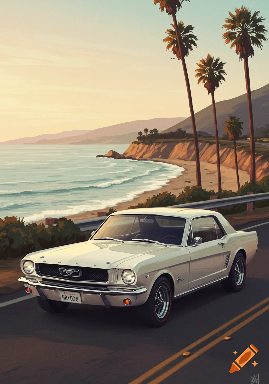 A white Ford Mustang drives on a coastal road with palm trees under a sunny sky.