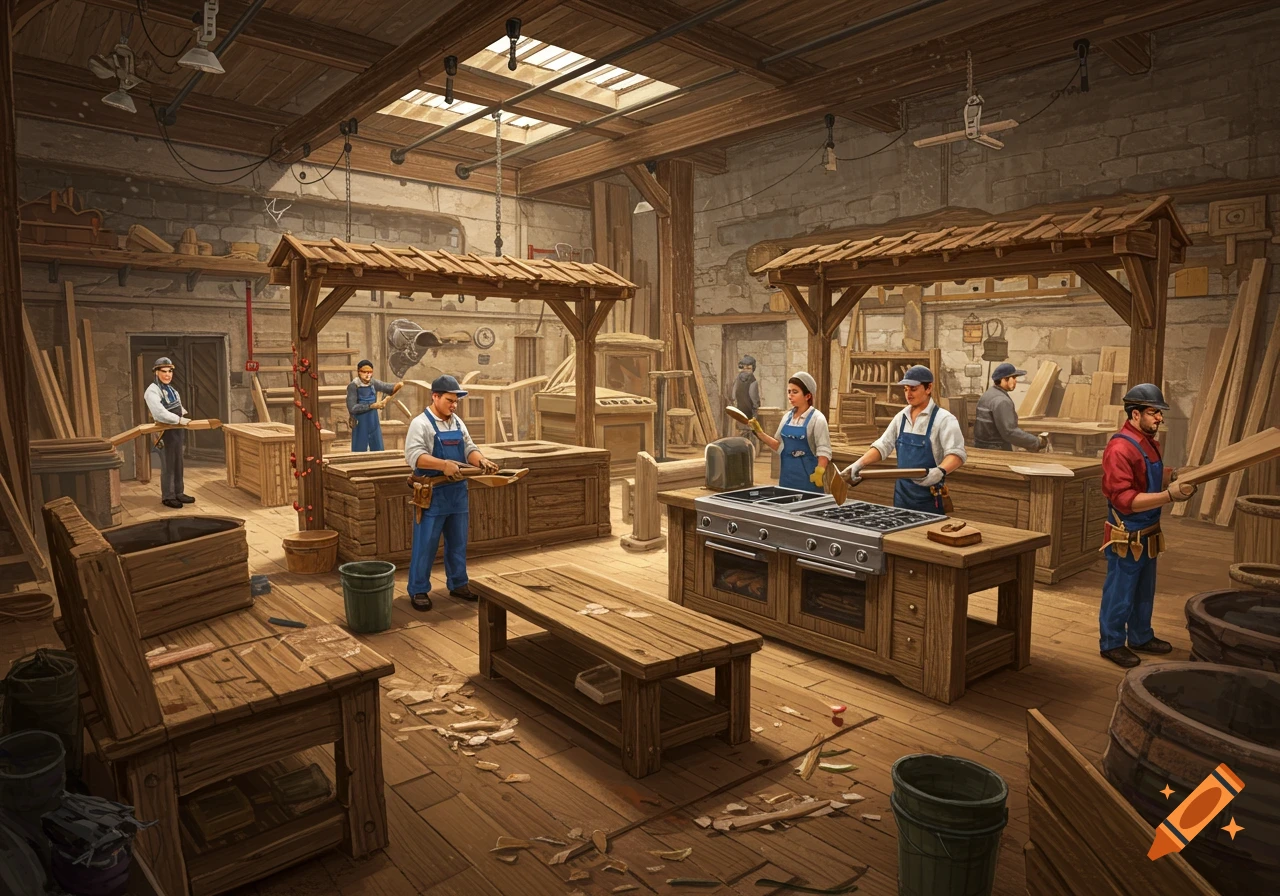 Carpenters build rustic wooden furniture in a busy workshop.