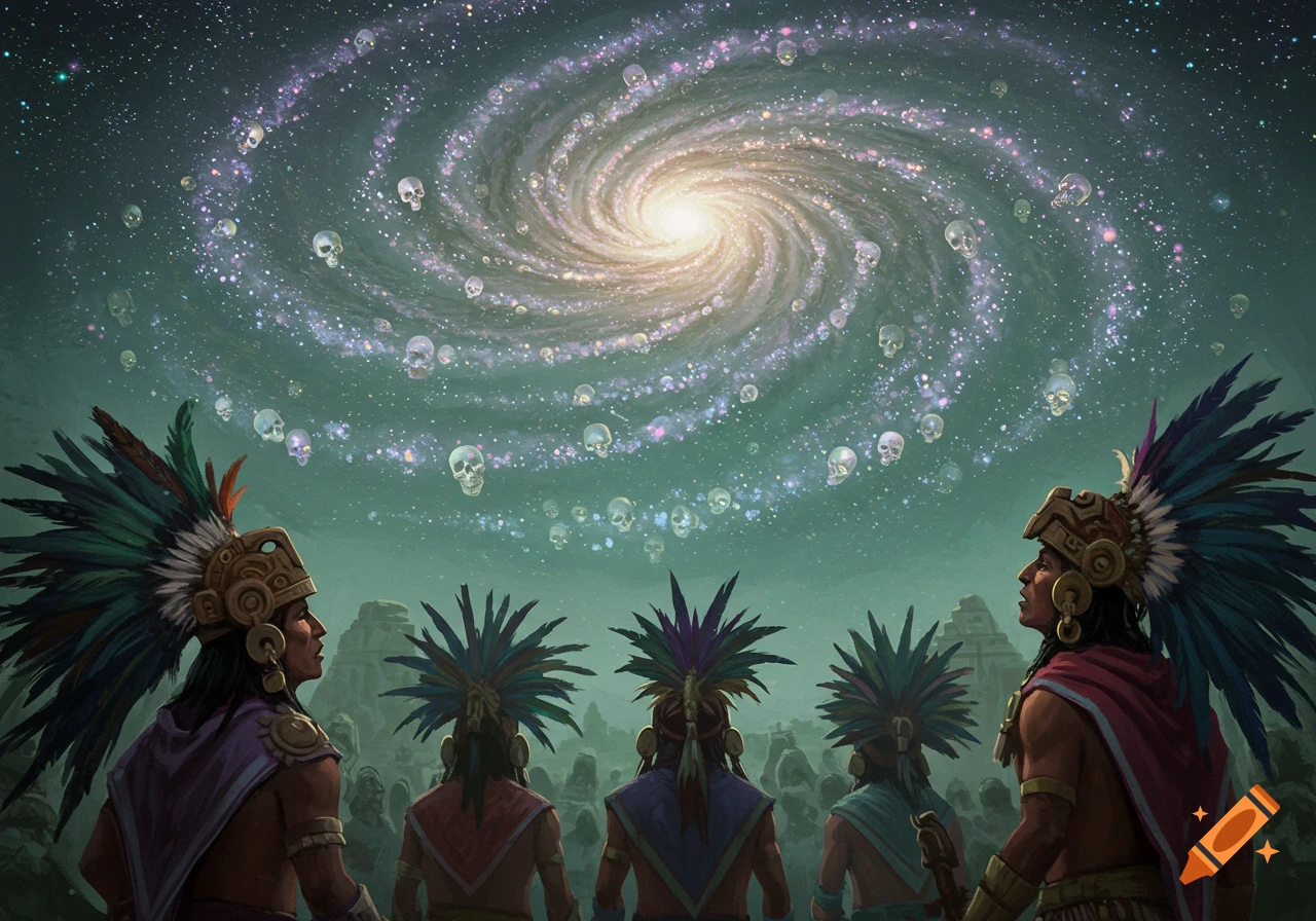 Aztecs gaze up at a galaxy swirling with skulls.