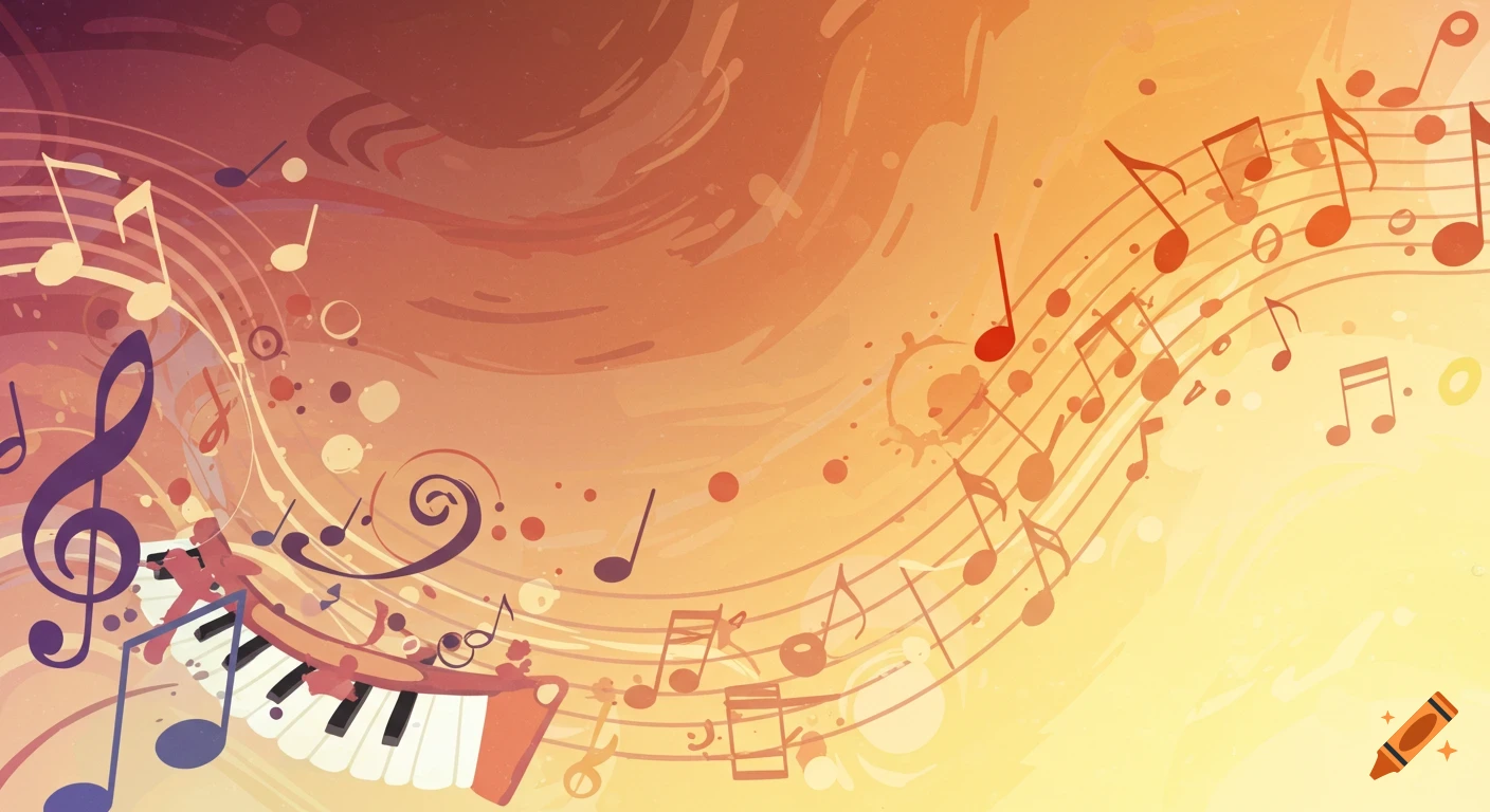 Abstract musical background with notes, staff, treble clef, and piano keys in warm watercolor tones.