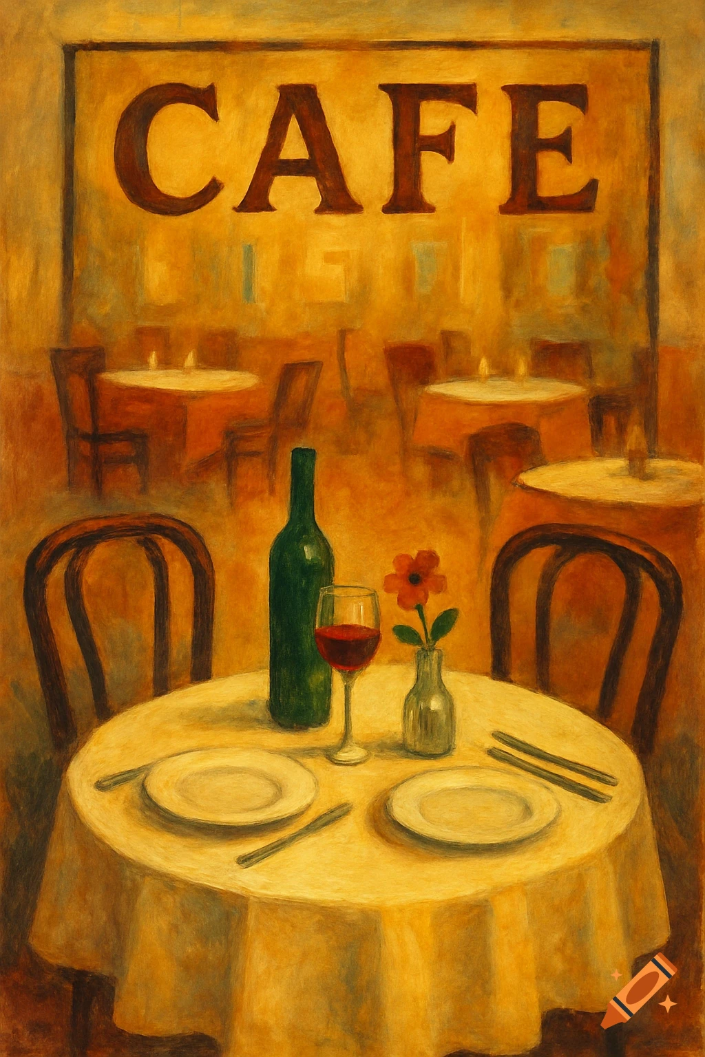 A painting of a cafe interior with a set table, bottle, glass of wine, and flower, with a sign overhead reading 'CAFE'.