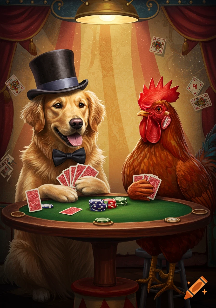 A golden retriever dog in a top hat and bow tie plays poker against a rooster at a green table.