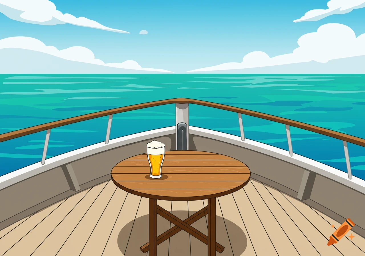 Cartoon view from the deck of a boat with a table and a glass of beer.