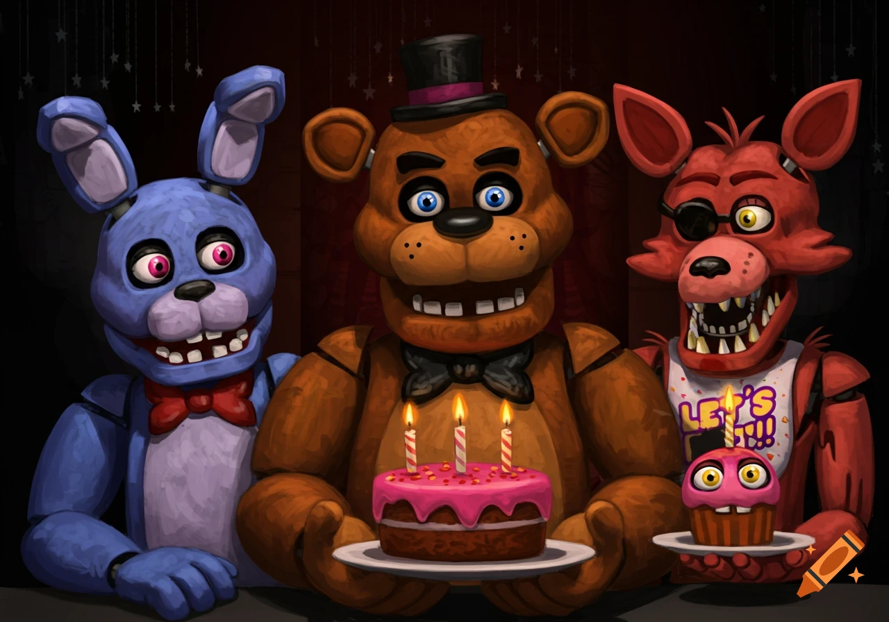 Freddy Fazbear, Bonnie, and Foxy from Five Nights at Freddy's holding cakes.
