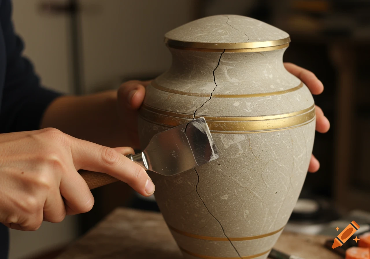 Hands repairing a cracked urn with a scraper