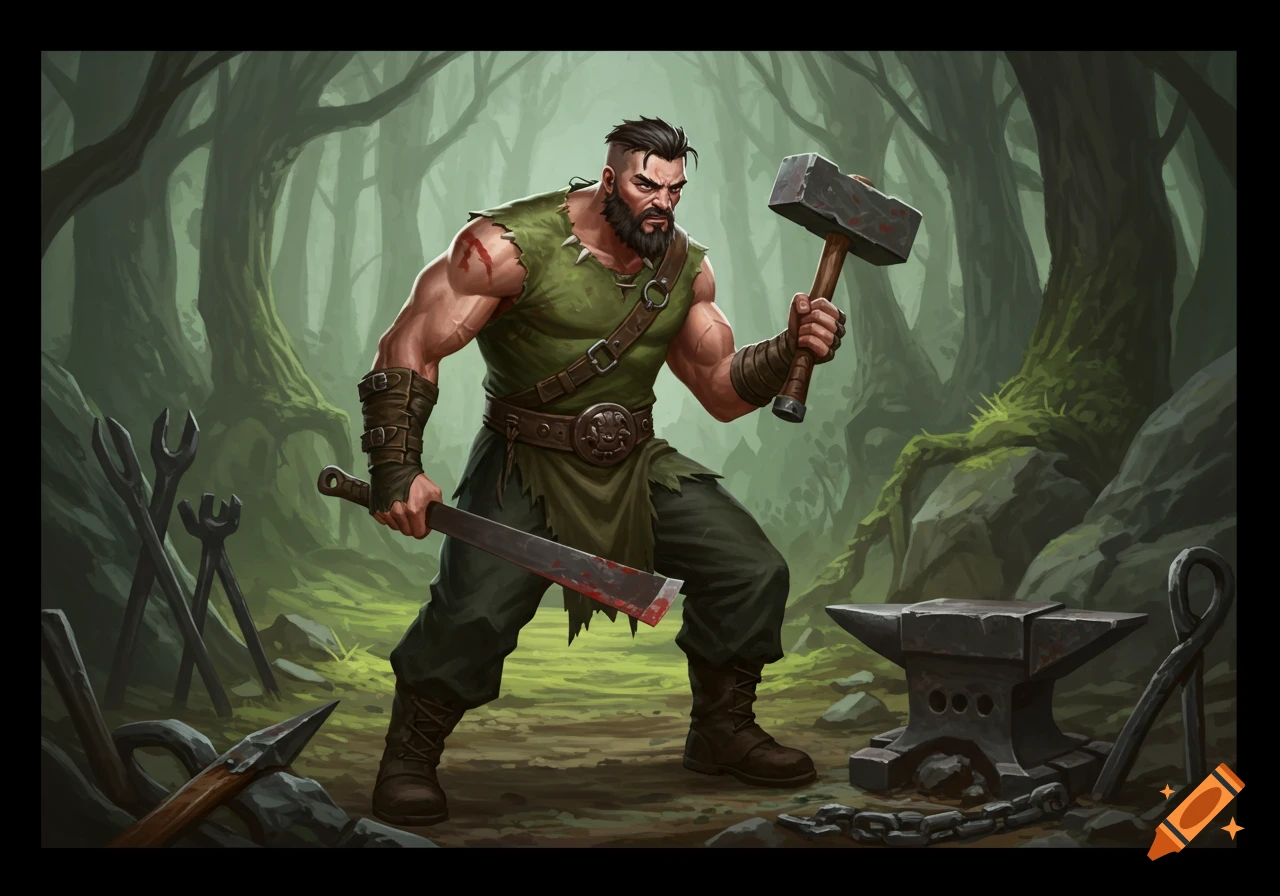 Muscular man holding hammer and machete by an anvil in a forest, digital painting.