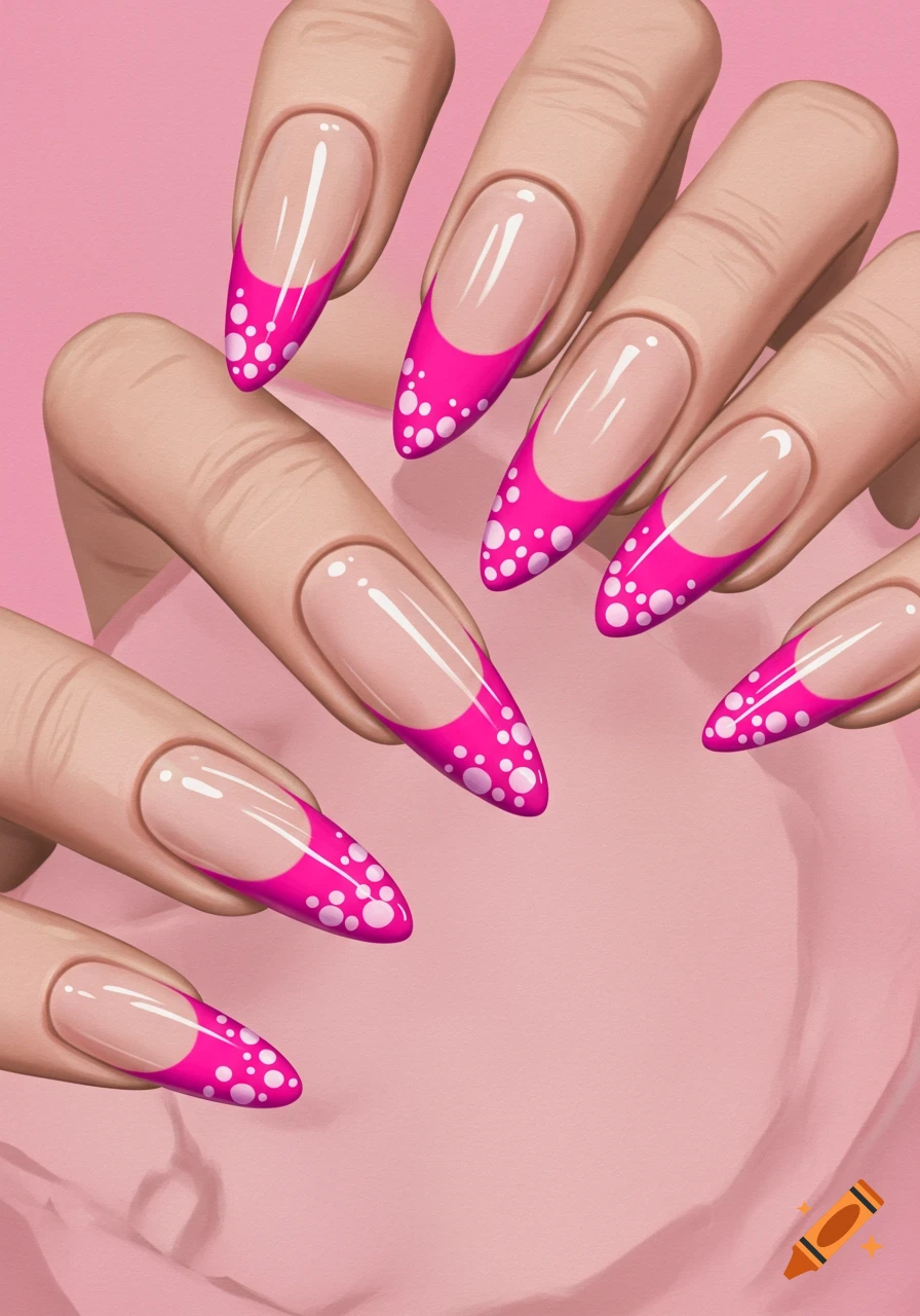 Close-up of hands with pink and white polka dot French tip stiletto nails.