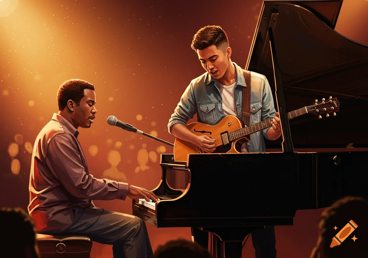 Two musicians, one playing piano and one playing guitar, perform on stage under warm spotlighting