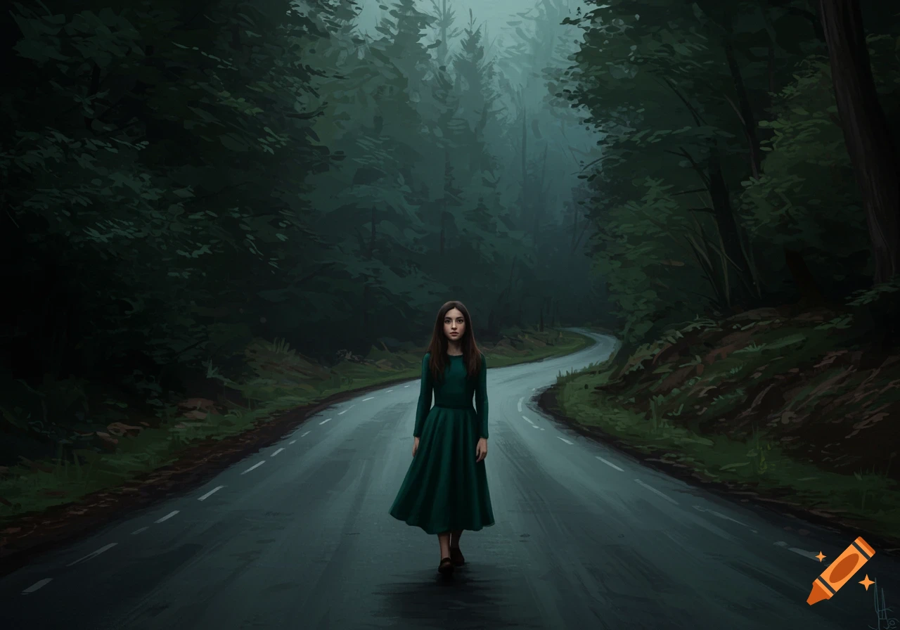 A girl in a green dress walks down a winding road through a dark forest in a painted style.