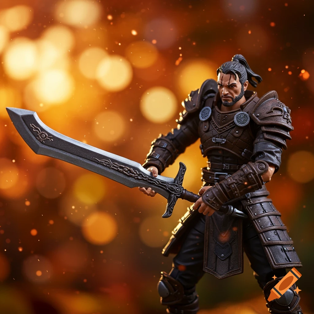 Action figure of a fantasy warrior in brown armor holding a sword, with a warm, blurry bokeh background.