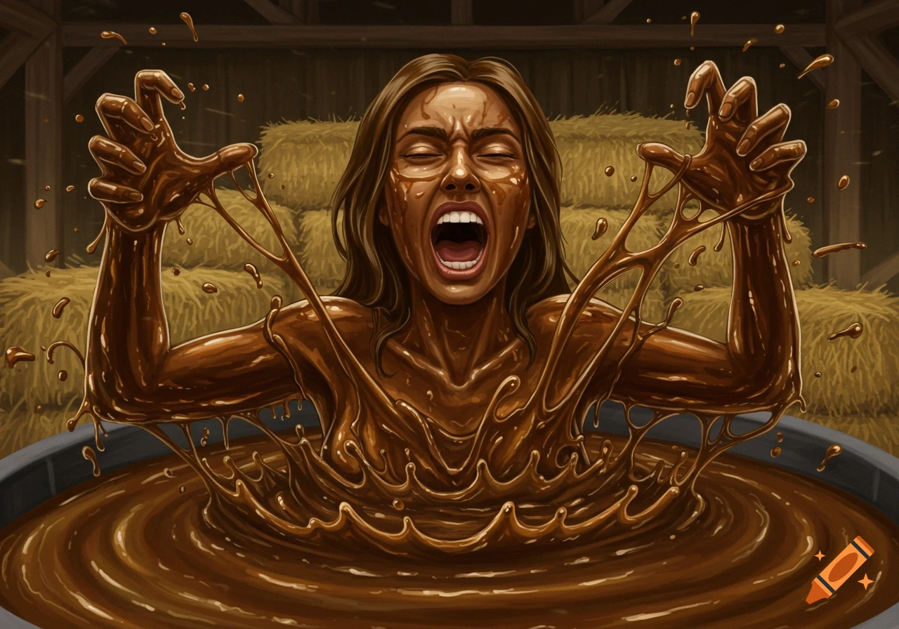 Illustration of a screaming woman covered in splashing molasses in a barn