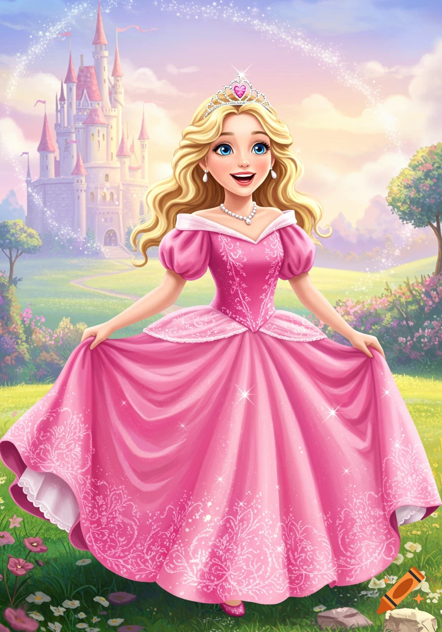 Illustration of a princess in a pink dress standing in front of a castle on Craiyon Illustration of a princess in a pink dress standing in front of a castle on Craiyon