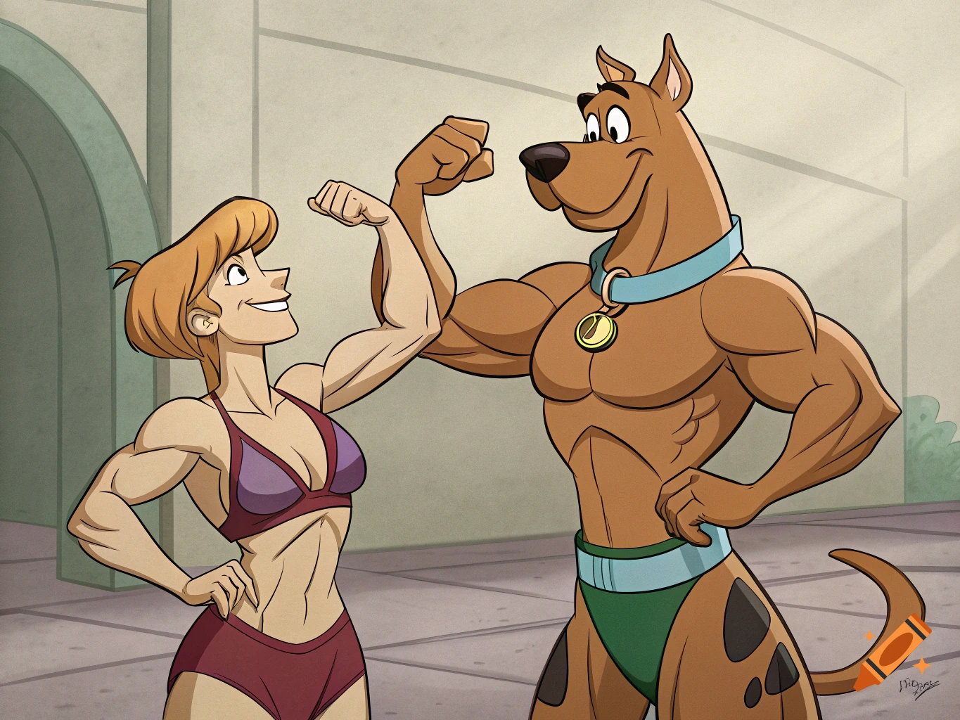 Scooby Doo and a muscular woman flexing biceps in a cartoon style