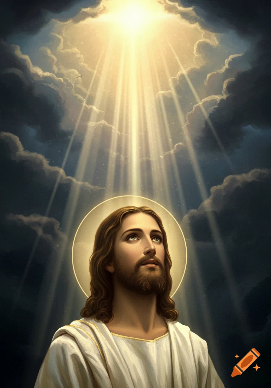 Jesus looking heavenward as beams of light shine down from clouds, religious art.