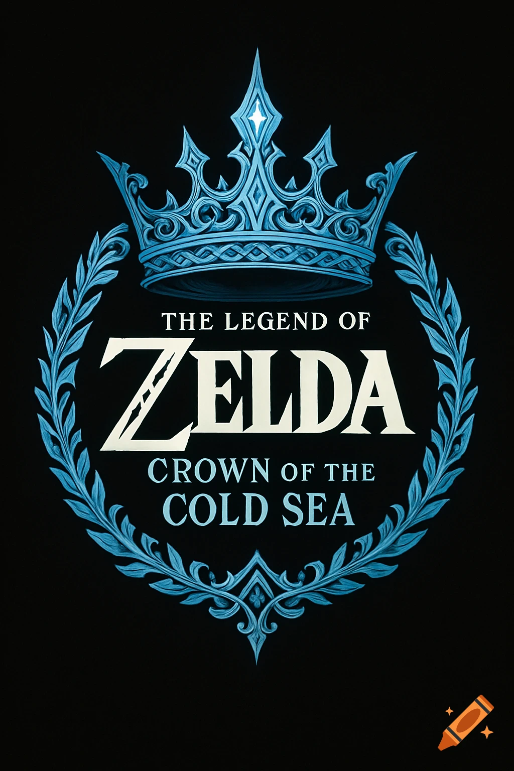 A stylized blue crown and laurel wreath surround the white and blue text "THE LEGEND OF ZELDA CROWN OF THE COLD SEA" on a black background.